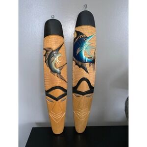 Set of 2 vintage hand-carved wooden wall masks from Jamaica